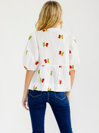 WOMEN'S SHORT SLEEVE FRONT TIE CHERRY EMBROIDERY LOOSE FIT BLOUSE