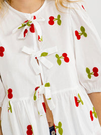 WOMEN'S SHORT SLEEVE FRONT TIE CHERRY EMBROIDERY LOOSE FIT BLOUSE