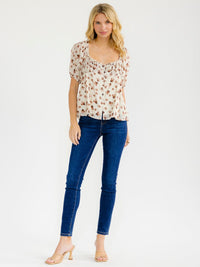 WOMEN'S SHORT SLEEVE BUTTON CLOSURE FLORAL BLOUSE