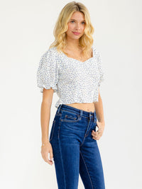 WOMEN'S SHORT PUFF SLEEVE OPEN BACK FLORAL CROP TOP