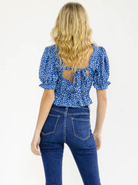 WOMEN'S SHORT PUFF SLEEVE OPEN BACK FLORAL CROP TOP