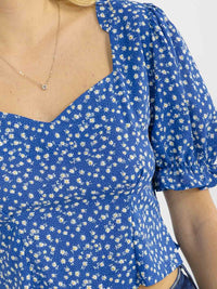 WOMEN'S SHORT PUFF SLEEVE OPEN BACK FLORAL CROP TOP