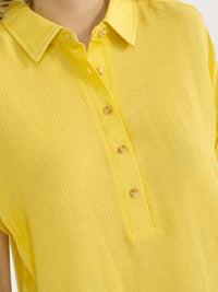 WOMEN'S SHORT SLEEVE BUTTON UP HIGH-LOW BLOUSE