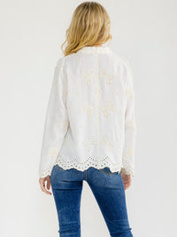 WOMEN'S LONG SLEEVE BUTTON UP BOWS EMBROIDERY BLOUSE