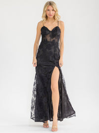 WOMEN'S SLEEVELESS V-NECK FLORAL MESH CONTRAST BODYCON MAXI DRESS