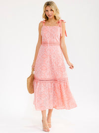 WOMEN'S SLEEVELESS FRONT POCKETS EMBROIDERY TIERED MAXI DRESS