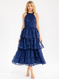 WOMEN'S SLEEVELESS HALTER NECK TIERED RUFFLE SEQUINS MAXI DRESS