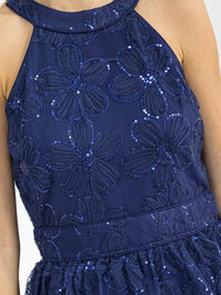 WOMEN'S SLEEVELESS HALTER NECK TIERED RUFFLE SEQUINS MAXI DRESS