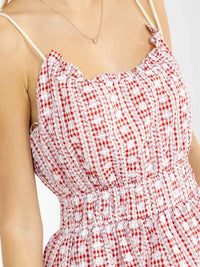 WOMEN'S SLEEVELESS ELASTIC WAIST RUFFLE TIERED PLAID EMBROIDERY MAXI DRESS