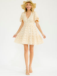 WOMEN'S SHORT PUFF SLEEVE V-NECK FIT & FLARE DETAILED MINI DRESS