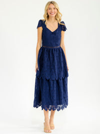 WOMEN'S SHORT RUFFLE SLEEVE CROCHET FLORAL TIERED MAXI DRESS
