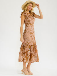 WOMEN'S RUFFLE SLEEVE CROCHET FLORAL BODYCON MAXI DRESS