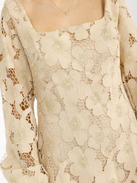 WOMEN'S LONG SLEEVE SQUARE NECK FLORAL CROCHET MINI DRESS
