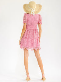 WOMEN'S SHORT SLEEVE V-NECK TIERED RUFFLE CROCHET MINI DRESS