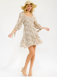 WOMEN'S 3/4 SLEEVE SMOCK FIT & FLARE FLORAL MINI DRESS