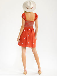 WOMEN'S SHORT SLEEVE SQUARE NECK SMOCK EMBROIDERY MINI DRESS