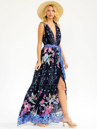 WOMEN'S SLEEVELESS V-NECK SELF TIE FRONT SLIT FLORAL MAXI DRESS