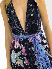 WOMEN'S SLEEVELESS V-NECK SELF TIE FRONT SLIT FLORAL MAXI DRESS