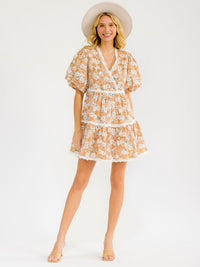 WOMEN'S SHORT PUFF SLEEVE SURPLICE EMBROIDERY FLORAL MINI DRESS
