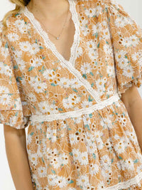 WOMEN'S SHORT PUFF SLEEVE SURPLICE EMBROIDERY FLORAL MINI DRESS