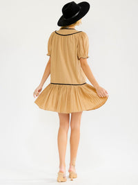 WOMEN'S SHORT PUFF SLEEVE LOOSE FIT PLEATED MINI DRESS