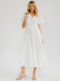 WOMEN'S SHORT PUFF SLEEVE V-NECK ELASTIC WAIST DETAILED MAXI DRESS