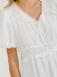 WOMEN'S SHORT PUFF SLEEVE V-NECK ELASTIC WAIST DETAILED MAXI DRESS