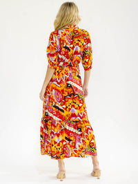 WOMEN'S SHORT SLEEVE BUTTON UP FRONT POCKETS MULTI PRINT MAXI DRESS