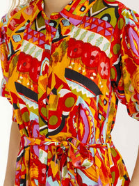 WOMEN'S SHORT SLEEVE BUTTON UP FRONT POCKETS MULTI PRINT MAXI DRESS