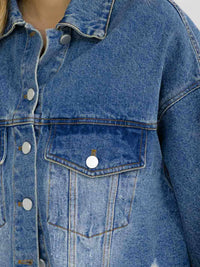 WOMEN'S LONG SLEEVE BUTTON CLOSURE FRONT POCKETS WASHED DISTRESS DENIM JACKET