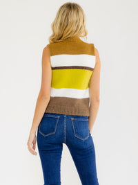 WOMEN'S SLEEVELESS BUTTON UP STRIPES COLORBLOCK SWEATER TOP
