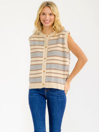 WOMEN'S SLEEVELESS BUTTON UP STRIPES COLORBLOCK SWEATER TOP