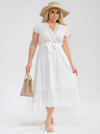 PLUS SIZE RUFFLE SLEEVE SURPLICE ELASTIC WAIST EYELET MAXI DRESS