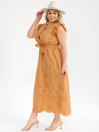 PLUS SIZE RUFFLE SLEEVE SURPLICE ELASTIC WAIST EYELET MAXI DRESS