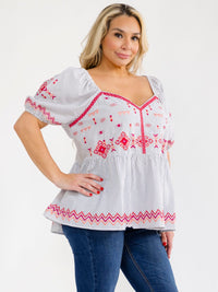 PLUS SIZE SHORT SLEEVE V-NECK STRIPES EMBROIDERY BLOUSE
