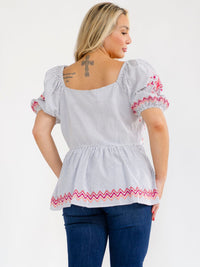 PLUS SIZE SHORT SLEEVE V-NECK STRIPES EMBROIDERY BLOUSE