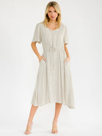 WOMEN'S SHORT SLEEVE FRONT POCKETS EMBROIDERY FLORAL MIDI DRESS