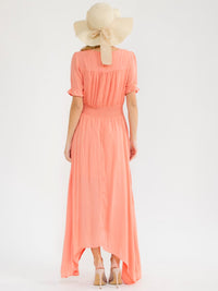 WOMEN'S SHORT SLEEVE V-NECK BUTTON UP SMOCK WAIST MAXI DRESS