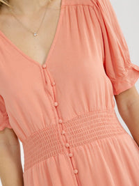 WOMEN'S SHORT SLEEVE V-NECK BUTTON UP SMOCK WAIST MAXI DRESS