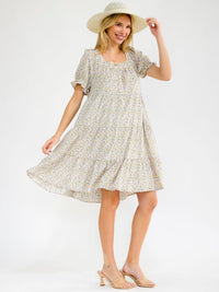 WOMEN'S SHORT SLEEVE SQUARE NECK FRONT POCKETS TIERED LOOSE FIT TUNIC FLORAL MINI DRESS