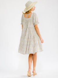 WOMEN'S SHORT SLEEVE SQUARE NECK FRONT POCKETS TIERED LOOSE FIT TUNIC FLORAL MINI DRESS