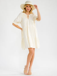 WOMEN'S SHORT SLEEVE V-NECK TIERED TUNIC LINEN MINI DRESS