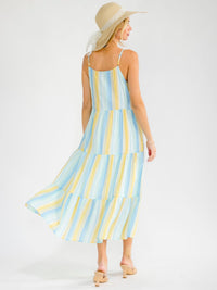 WOMEN'S SLEEVELESS FRONT POCKETS TIERED COLOR BLOCK STRIPES MAXI DRESS