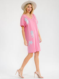 WOMEN'S SHORT SLEEVE V-NECK SEQUINS STARS MINI DRESS