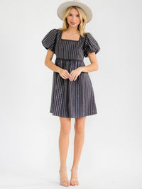 WOMEN'S SHORT PUFF SLEEVE SQUARE NECK RHINESTONES DENIM MINI DRESS