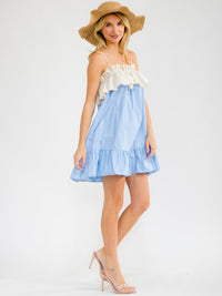 WOMEN'S SLEEVELESS RUFFLE BACK TIE COLORBLOCK MINI DRESS
