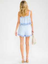 WOMEN'S SLEEVELESS TANK TOP & ELASTIC WAIST SHORTS PLAID CROCHET TRIM 2PC. SET