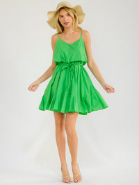 WOMEN'S SLEEVELESS V-NECK ELASTIC WAIST SELF TIE MINI DRESS