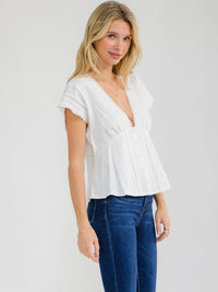 WOMEN'S SHORT SLEEVE V-NECK BUTTO UP LACE PEPLUM TOP