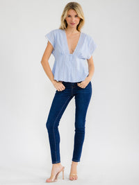 WOMEN'S SHORT SLEEVE V-NECK BUTTO UP LACE PEPLUM TOP